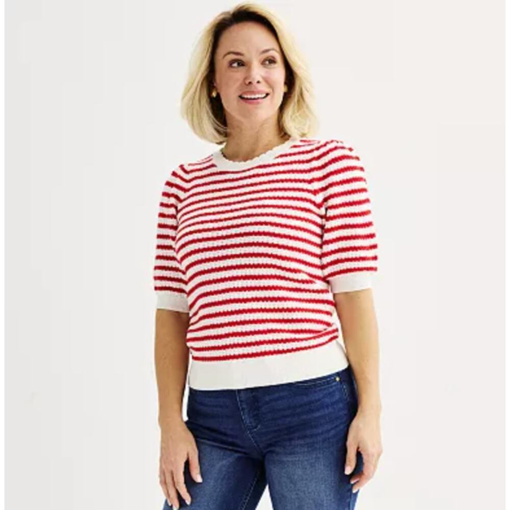 DRAPER JAMES Red and White Stripe Short Sleeve Sweater Top Size Large